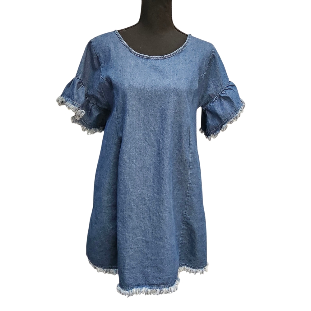 Umgee Blue Frayed Raw Edge Hem Denim Mini Dress Ruffled Sleeves Size M